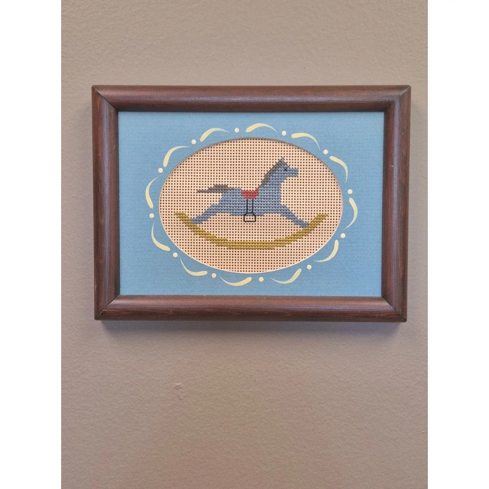 Vintage Rocking Horse Needlepoint Framed Wall Art Wood Frame Nursery Folk Decor